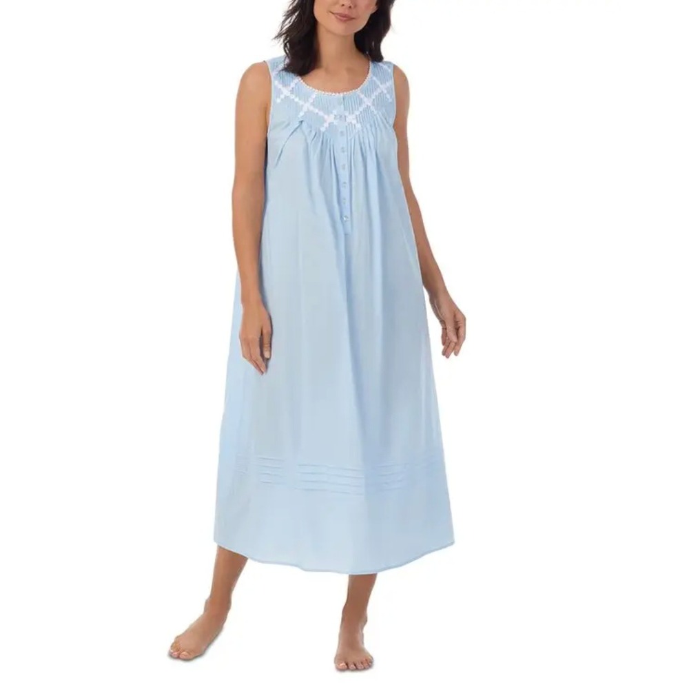 Eileen West Cotton Pintucked Lace Trim Ballet Nightgown Small Blue Cottagecore